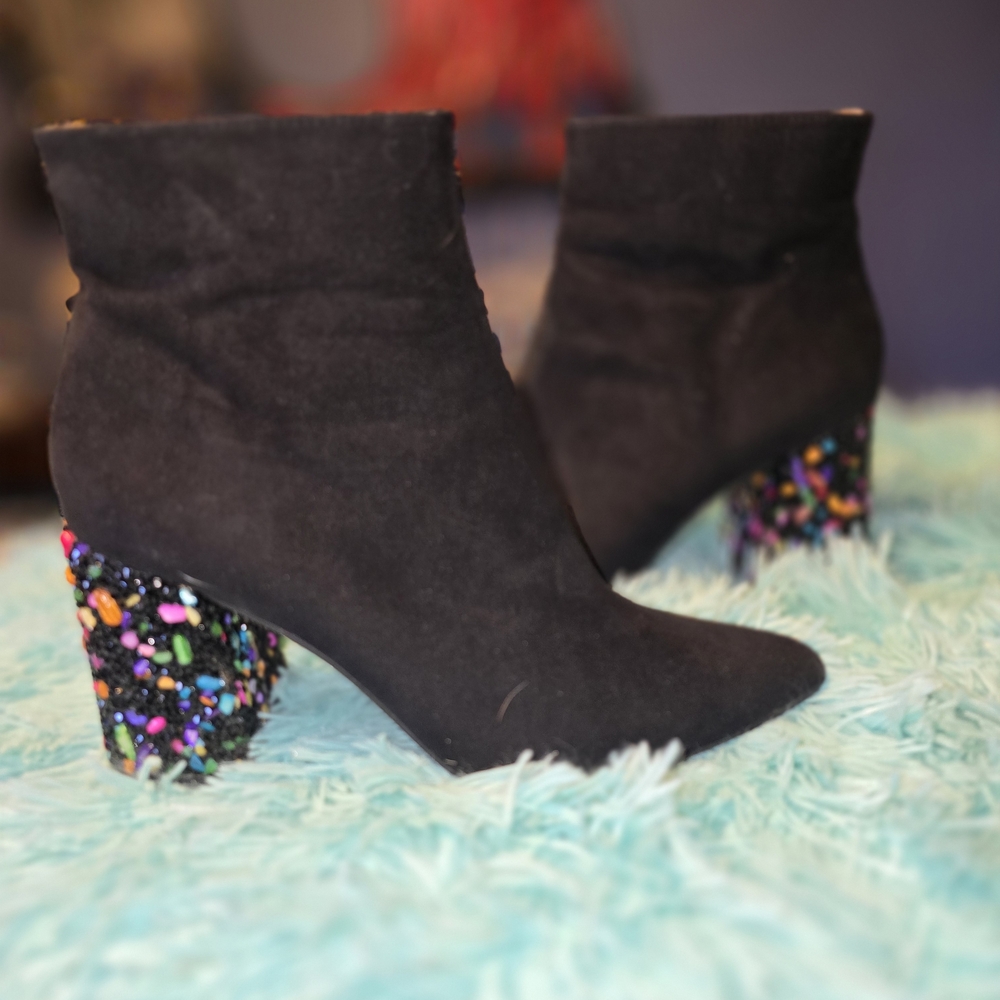Betsey Johnson Black Boots with Multicolor Glitter Heel